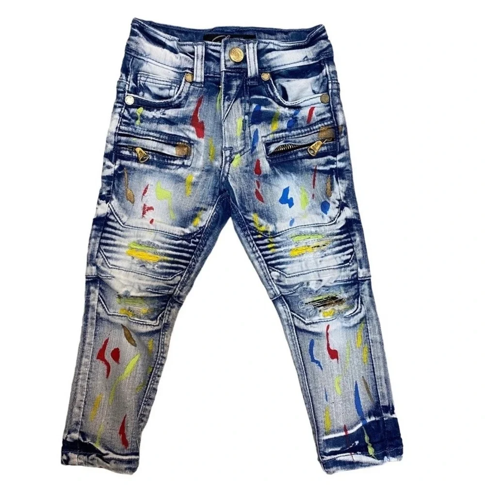 Elite Premium Denim Kids Moto Jeans 2T 3T Paint Splatter Distressed Stretch